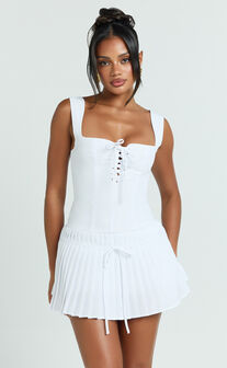 Fraida Mini Dress - Lace Front Dropped Waist Pleated Dress in White