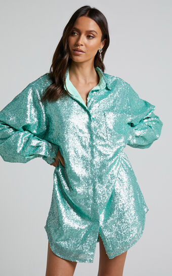 Cally Mini Dress - Oversized Shirt Dress in Aqua Sequin