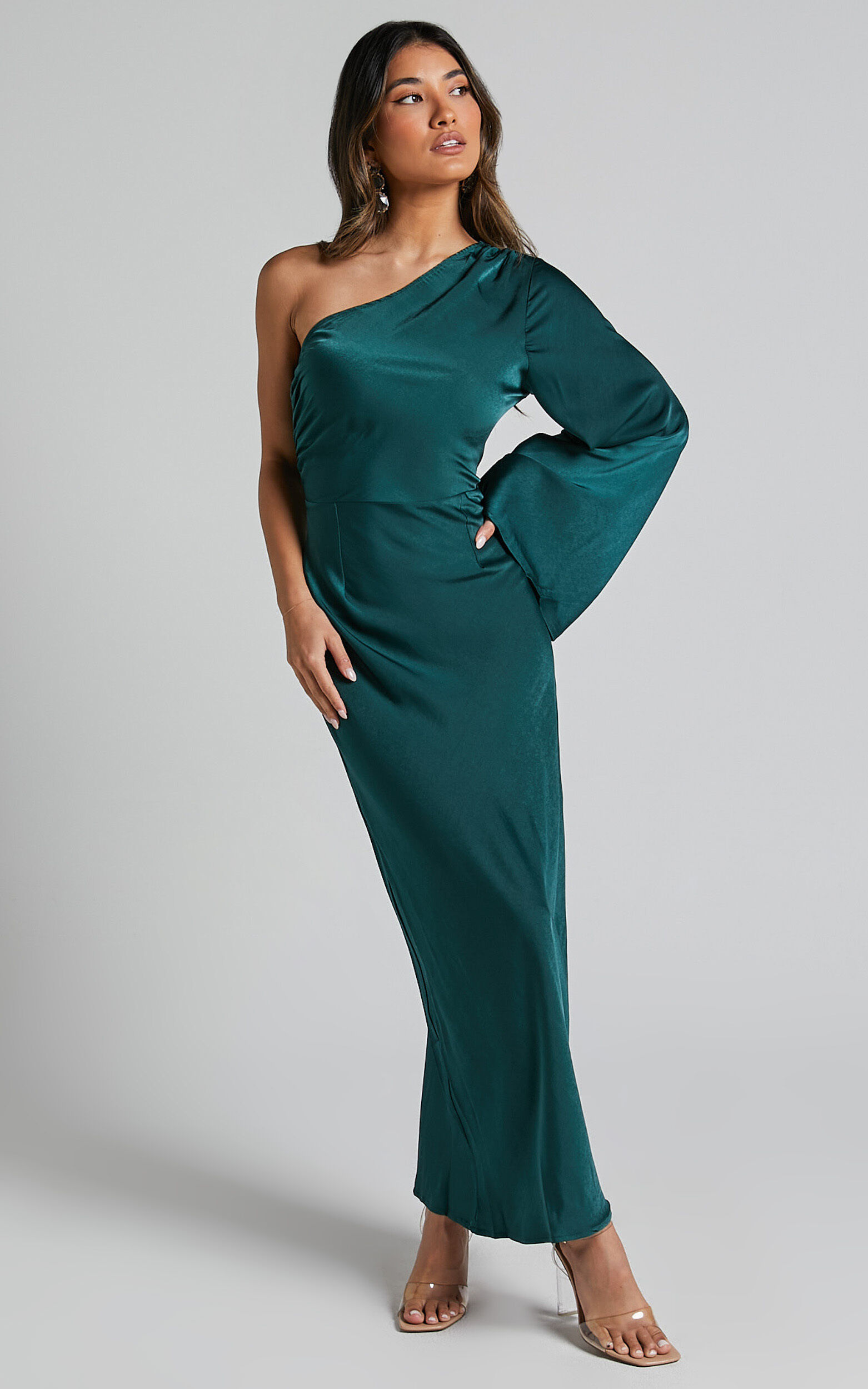 Angieta Maxi Dress - One Shoulder Long Sleeve Slip Dress in Emerald Green |  Showpo USA