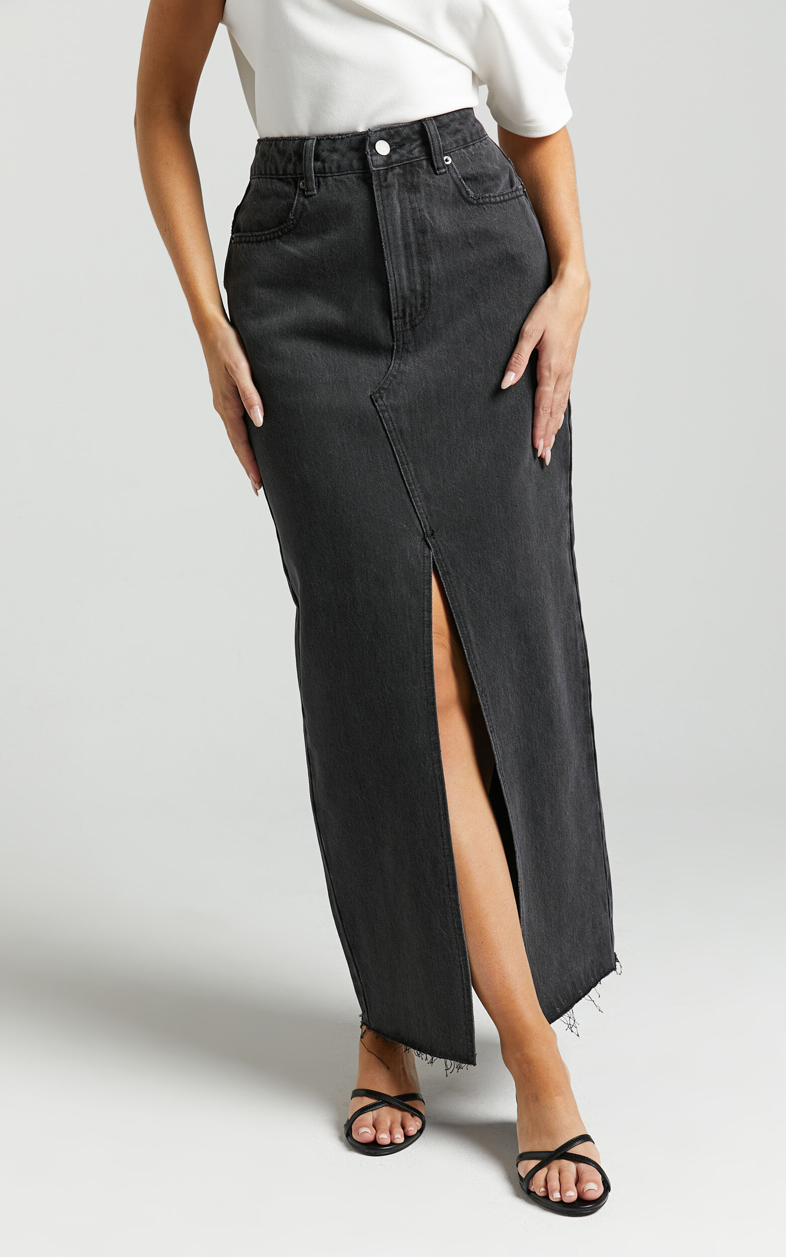 Washed black denim sales midi skirt 152-329