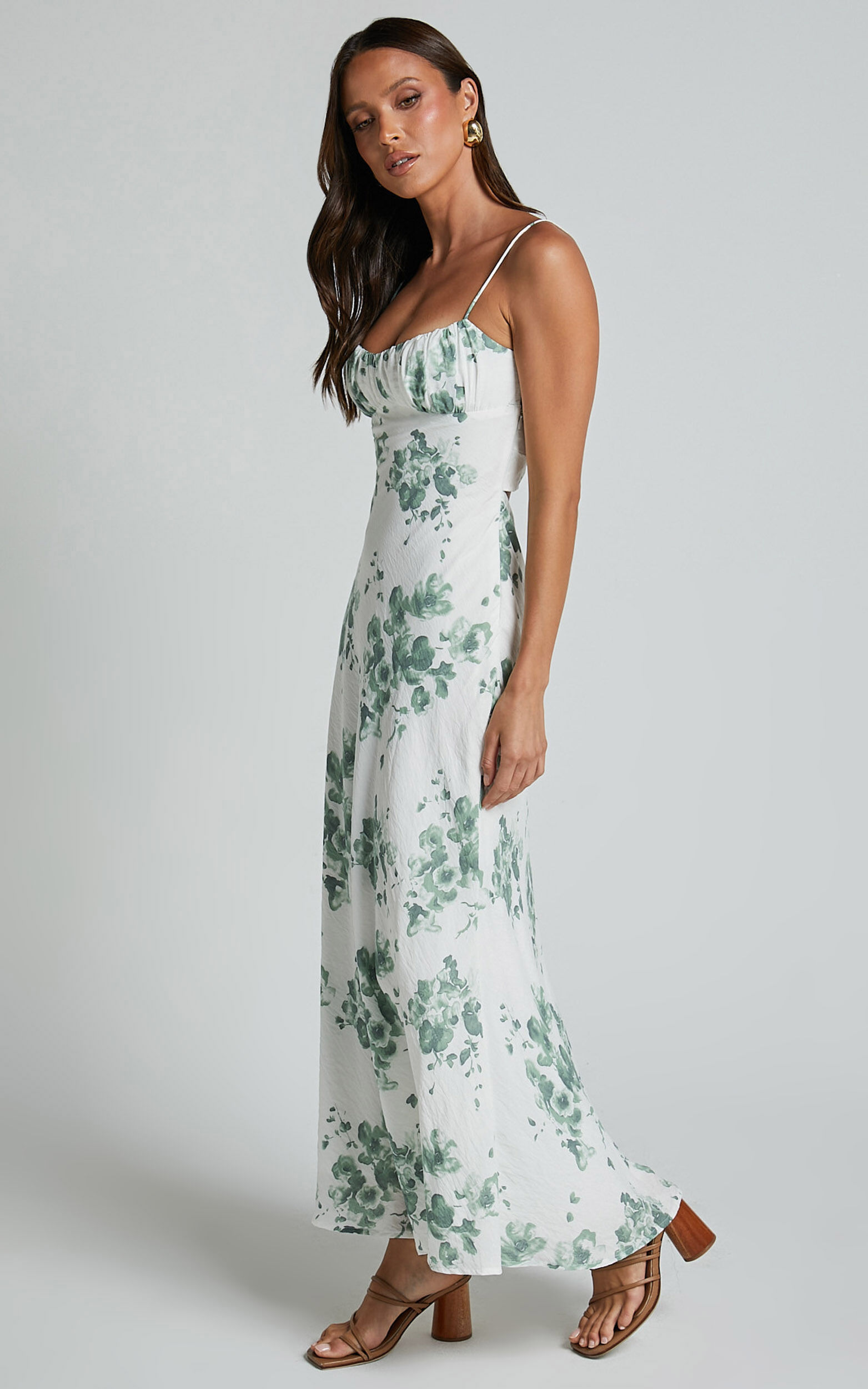 Bettina Midi Dress - Strappy Ruched Bust Slip Dress in Green and White ...