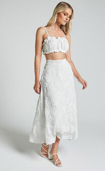 Candy Two Piece Set - Gathered Crop Top & 3D Floral Embroidery Midi Skirt in White