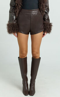 Rosetta Shorts - PU Fitted Micro Shorts in Chocolate