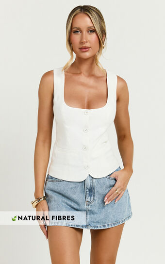 Nalfie Top -  Linen Wide Scoop Neck Fitted Vest Top in White
