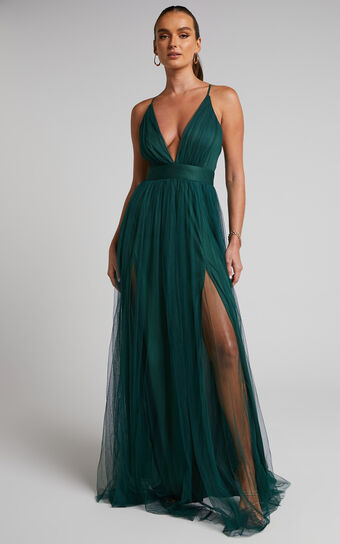 Celebrate Tonight Maxi Dress - Plunge Neck Tulle Dress in Hunter Green