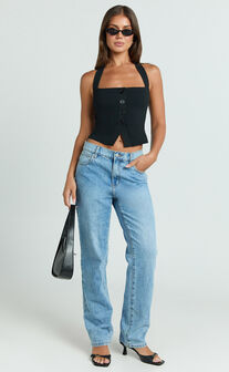 Elsie Top - Halter Square Button Front Knit Top in Black