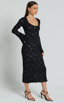Kathy Midi Dress - Scoop Neck Long Sleeve Jacquard Textured Dress in Black