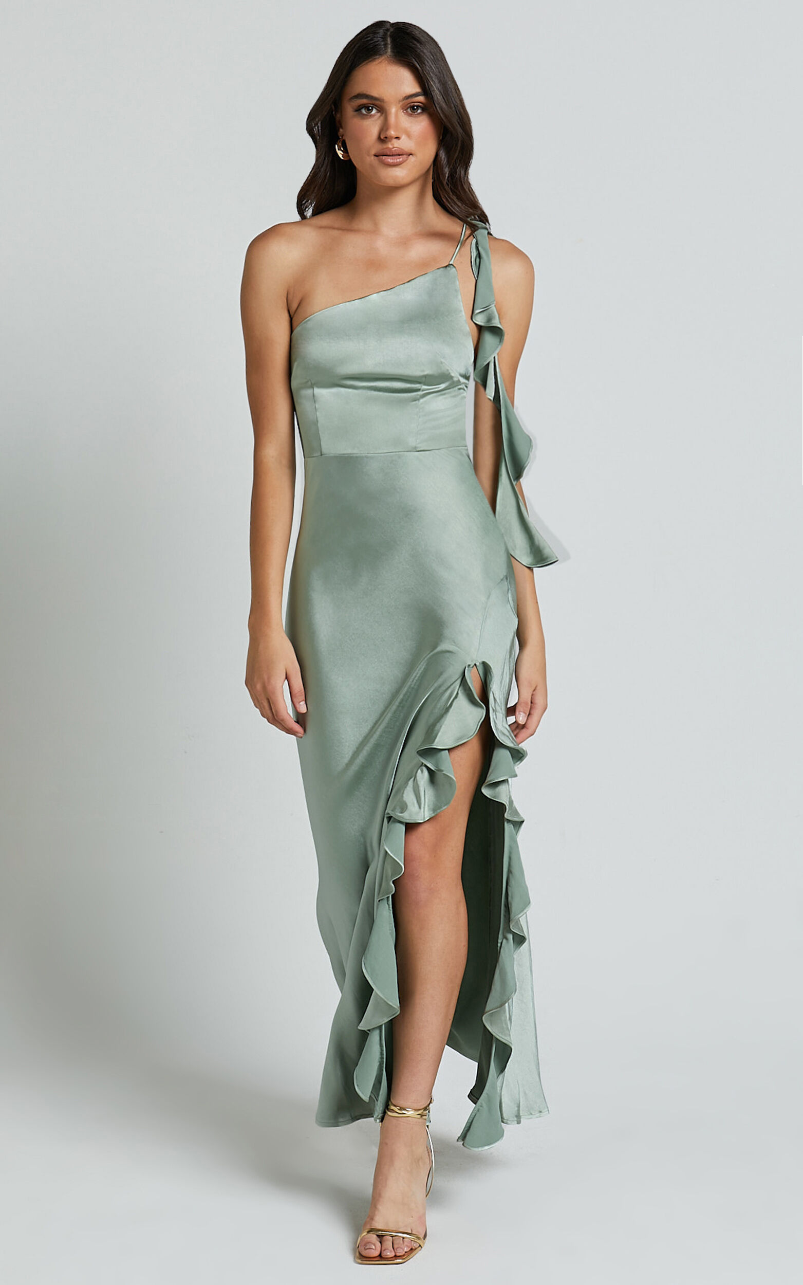 Cleo Midi Dress - One Shoulder Ruffle Detail Satin Dress in Sage - 06, GRN1