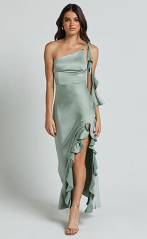 Cleo Midi Dress - One Shoulder Ruffle Detail Satin Dress in Sage
