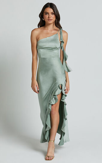 Cleo Midi Dress - One Shoulder Ruffle Detail Satin Dress in Sage