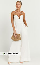 Norah Jumpsuit - Linen Look Halter Neck Wide Leg Jumpsuit in White | Showpo