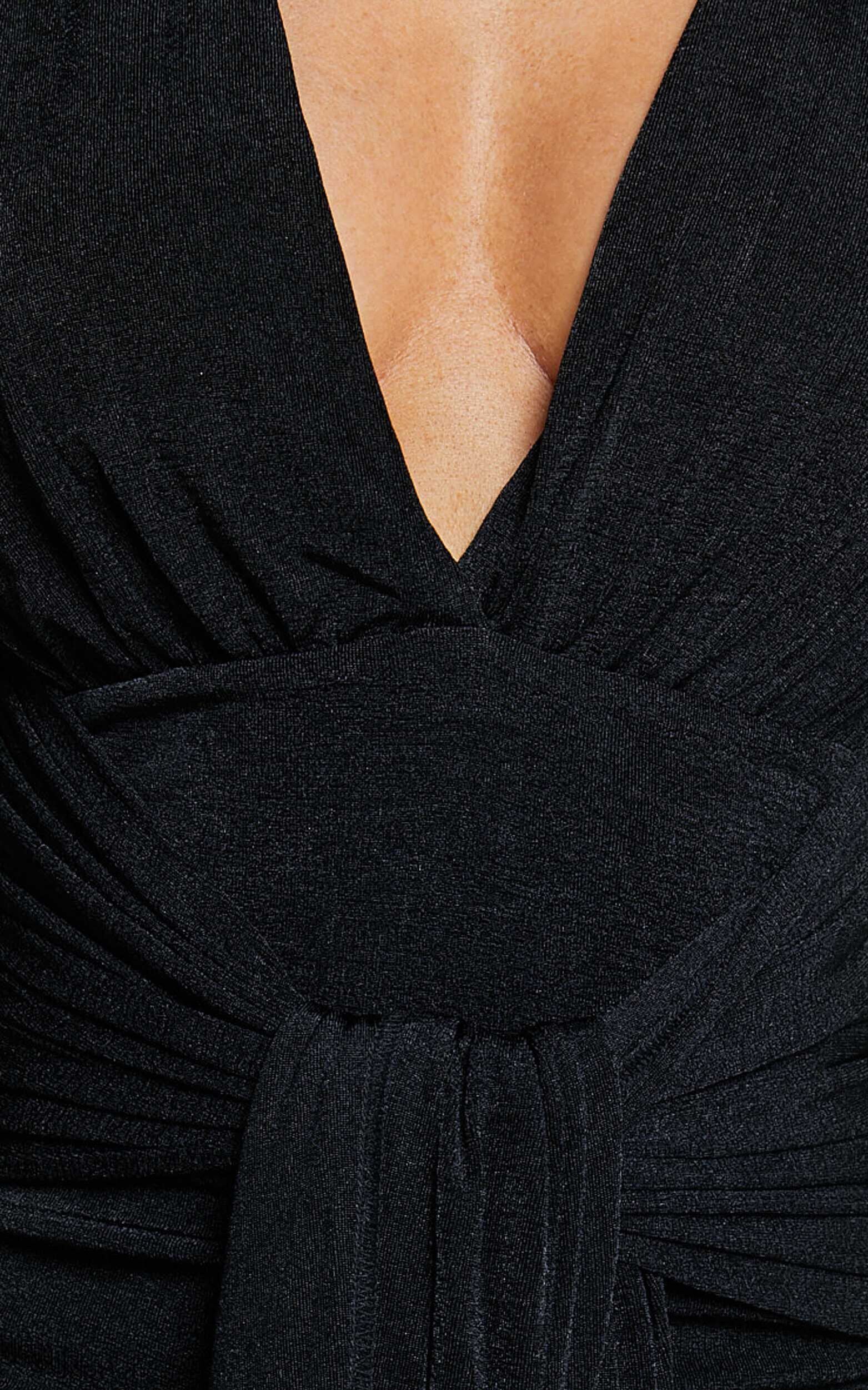 Melanie Midi Dress - Plunge Long Sleeve Tie Front Dress in Black | Showpo