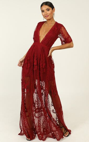 Love Spell Maxi Dress In Wine Lace