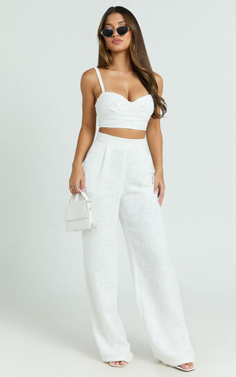 Sylvia Two Piece Set - Corset Top and High Waisted Wide Leg Pants Set in White