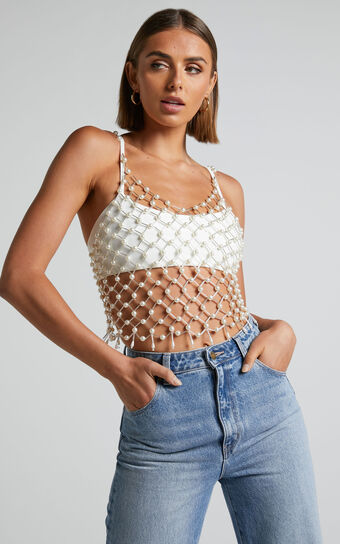 Cameron Top - Pearl Beaded Mesh Top in Pearl