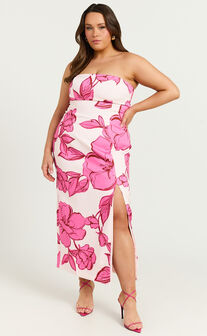 Shantelle Midi Dress - Strapless Bodycon Back Split Dress in Bouquet Di Fiori Print