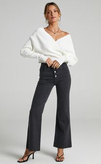 Petra Top - Long Sleeve Wrap Ribbed Knit Top in Cream