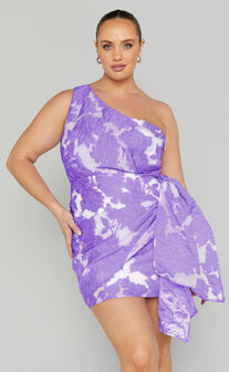 Brailey Mini Dress - One Shoulder Wrap Front Dress in Purple Jacquard