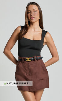 Dream Linen Blend Skort - High Waisted A Line Skort in Brown