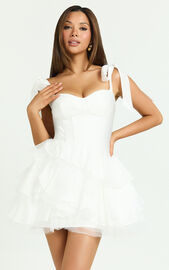 Arianne Mini Dress - Corset Bodice Ruffle Tier Dress in Cream | Showpo
