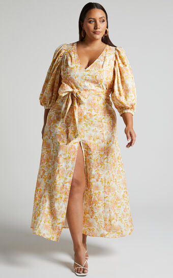 Amalie The Label - Lytina Linen Blend Puff Sleeve Open Back Midi Dress in Sierra Floral