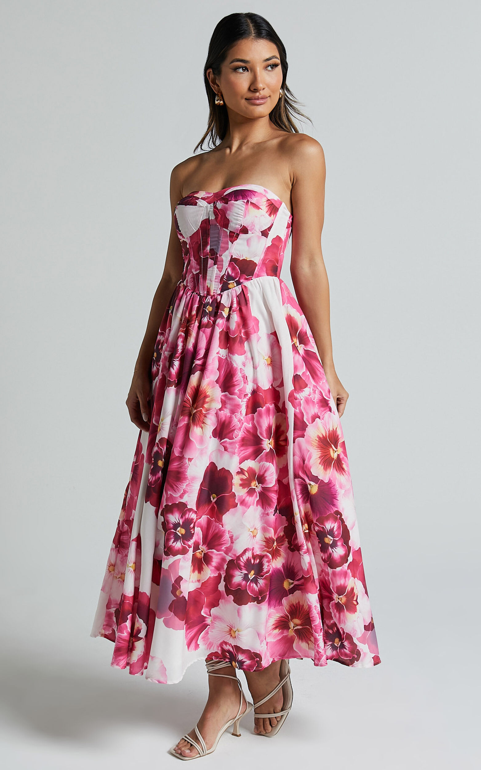 Kaiden Midi Dress - Strapless Fit and Flare in Fiesta Floral Pink