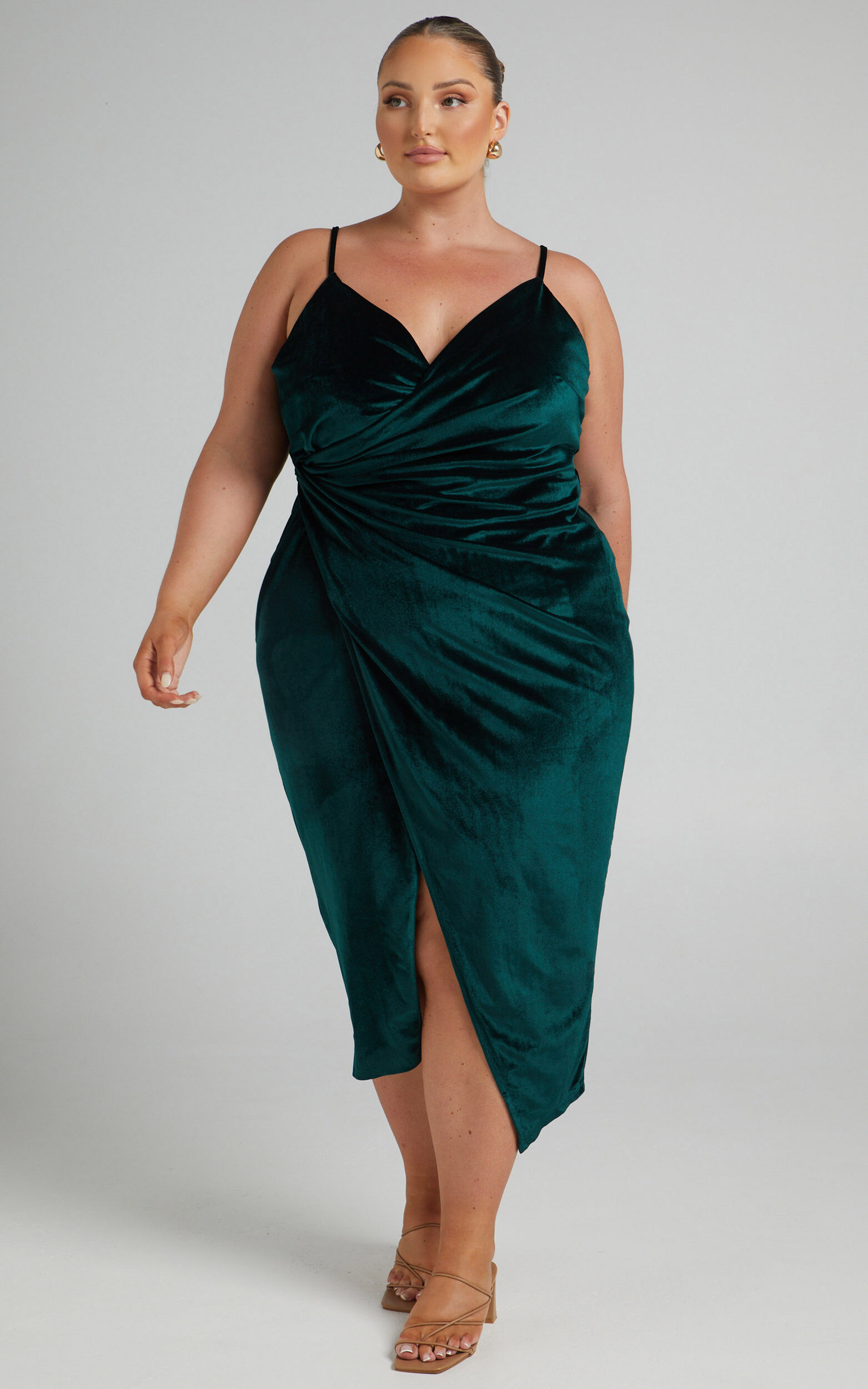 Loving Blind Midi Dress - Draped Thigh Split Dress in Emerald Velvet ...