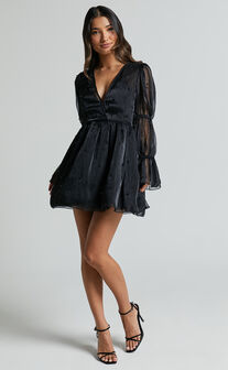Lanna Mini Dress - Long Puff Sleeve V Neck Dress in Black