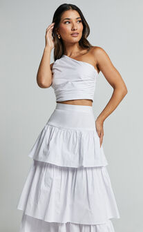 Kaycie Two Piece Set - One Shoulder Asymmetrical Ruched Top and Tiered Midi Skirt Set in White