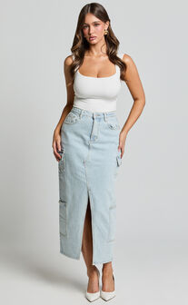 Sylvia Midi Skirt - Utility Pockets Denim Skirt in Light Blue Wash