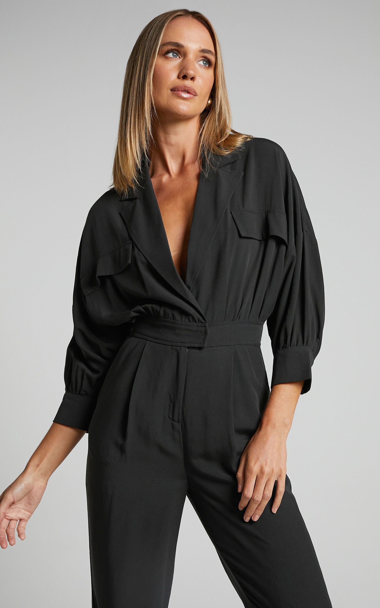 Ayelin Jumpsuit Linen Look Relaxed 3 4 Sleeve Jumpsuit in Black Showpo NZ