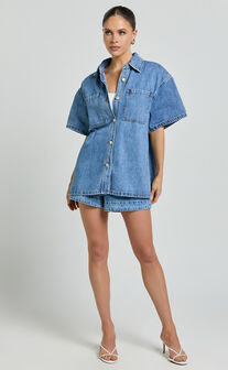 Rhianna Top - Oversized Recycled Denim Hardware Detail Short Sleeve Shirt in Mid Blue Wash
