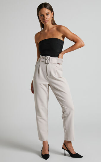 Milica Trousers - Belted High Waisted Trousers in Beige Showpo