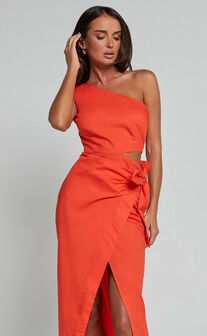 Rina Midi Dress - One Shoulder Side Cut Out Wrap Dress in Orange