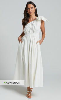 ALBY MIDI DRESS - ONE SHOULDER BOW DRESS WITH ELASTICATED WAIST in White