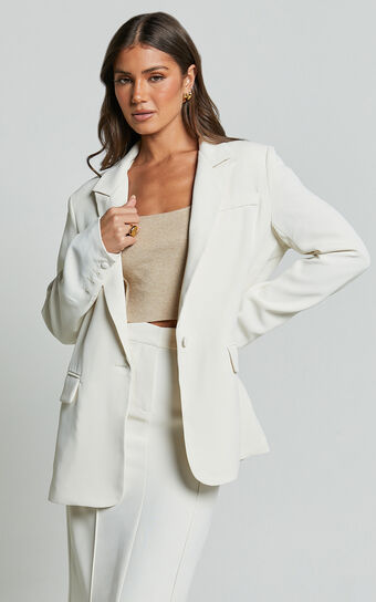 Michelle Blazer - Oversized Plunge Neck Button Up Blazer in Stone