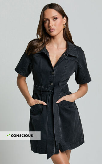 Aelicia Mini Dress Button Through Denim in Washed Black Showpo Sale