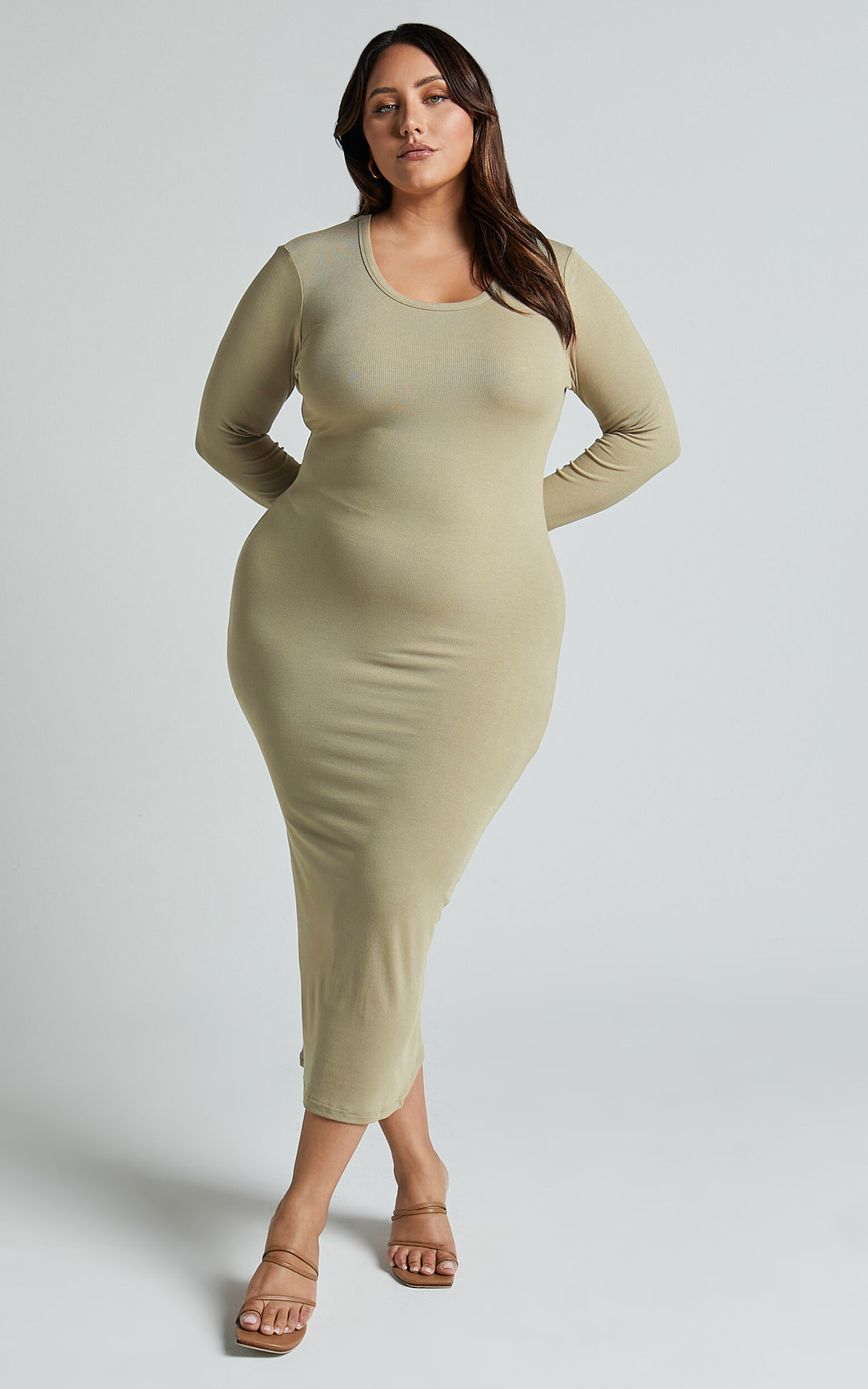 Hawkins Midi Dress - Long Sleeve Bodycon Dress in Light Moss | Showpo