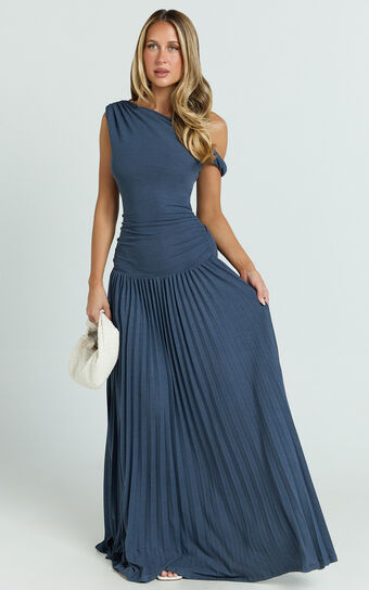 Yvonne Maxi Dress - Jersey Tip Shoulder Ruched Dress in Navy