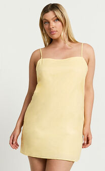 Mavie Mini Dress - Linen Strappy Shift Dress in Lemon