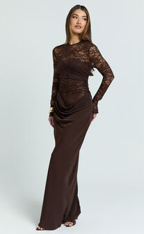 Crisanta Maxi Dress - Long Sleeve Contrast Lace Bodycon Dress in Chocolate