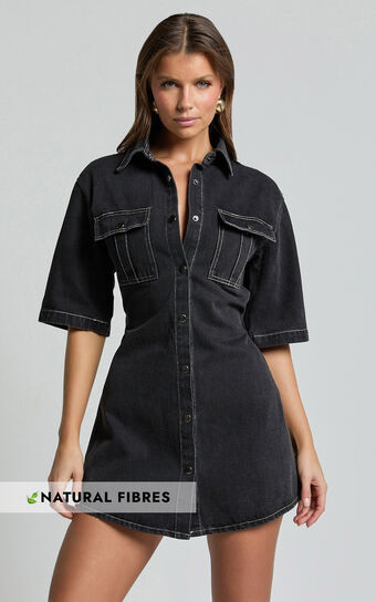 Leilani Mini Dress - Denim Short Sleeve Button Up Dress in Washed Black No Brand