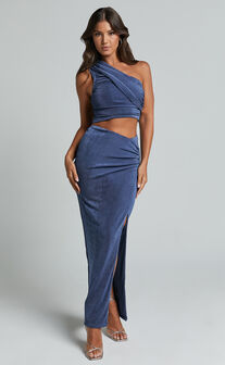 Anastasia Two Piece Set - Asymmetric Ruched Top and Thigh Split Midi Skirt Set in Steel Blue
