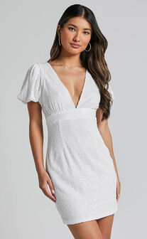 Cleonna Mini Dress - Short Puff Sleeve Plunge Neck Sequin Bodycon in White