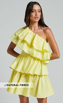 Flora Mini Dress - One Shoulder Tiered Dress in Sun Yellow