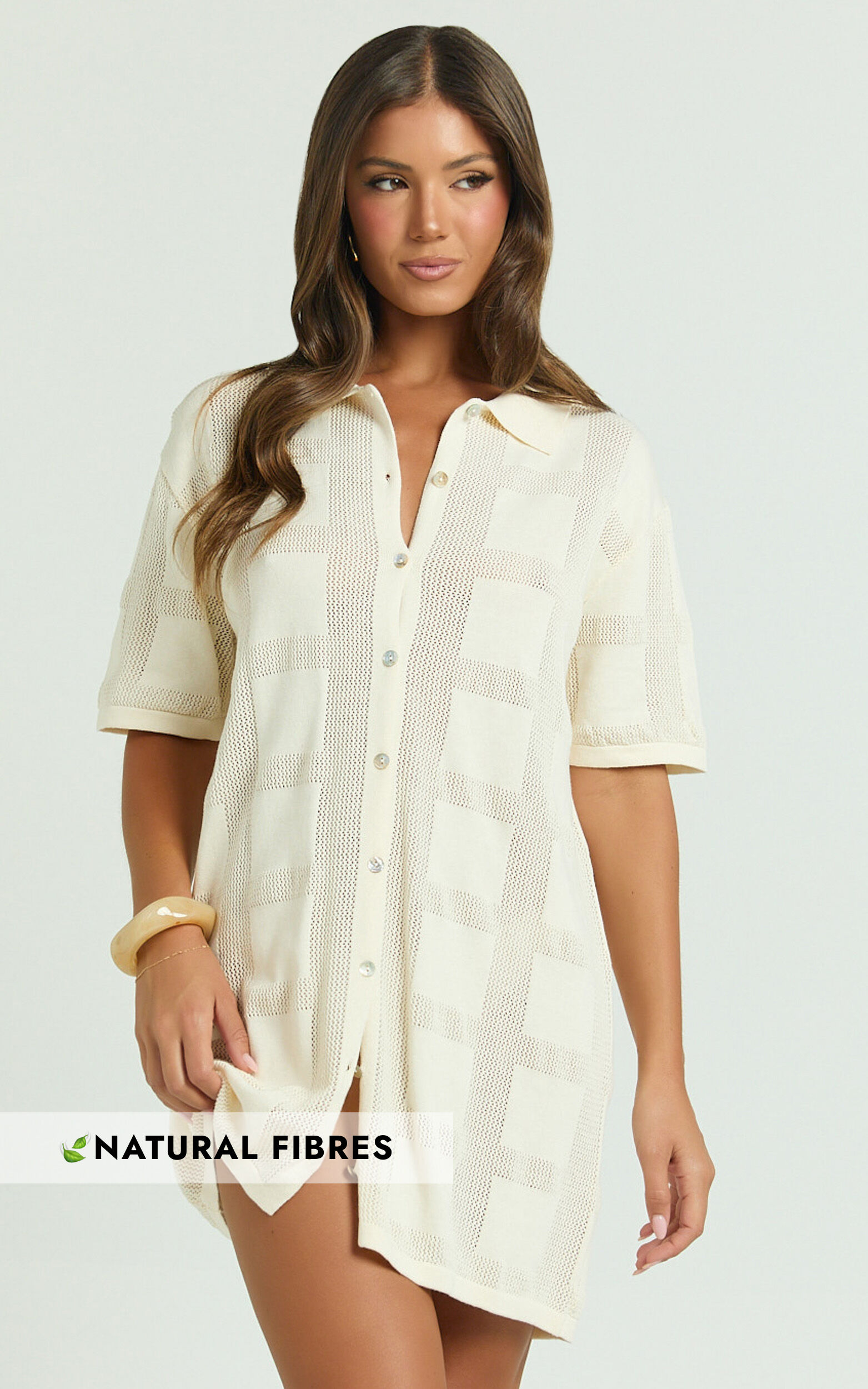 Tully Mini Dress - Knitted Button Through Shift Dress in Cream - 04, CRE1