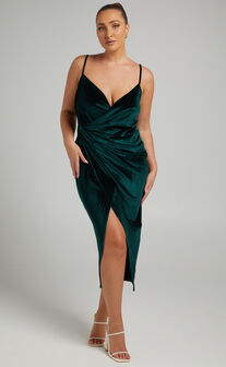 Loving Blind Midi Dress - Draped Thigh Split Dress in Emerald Velvet