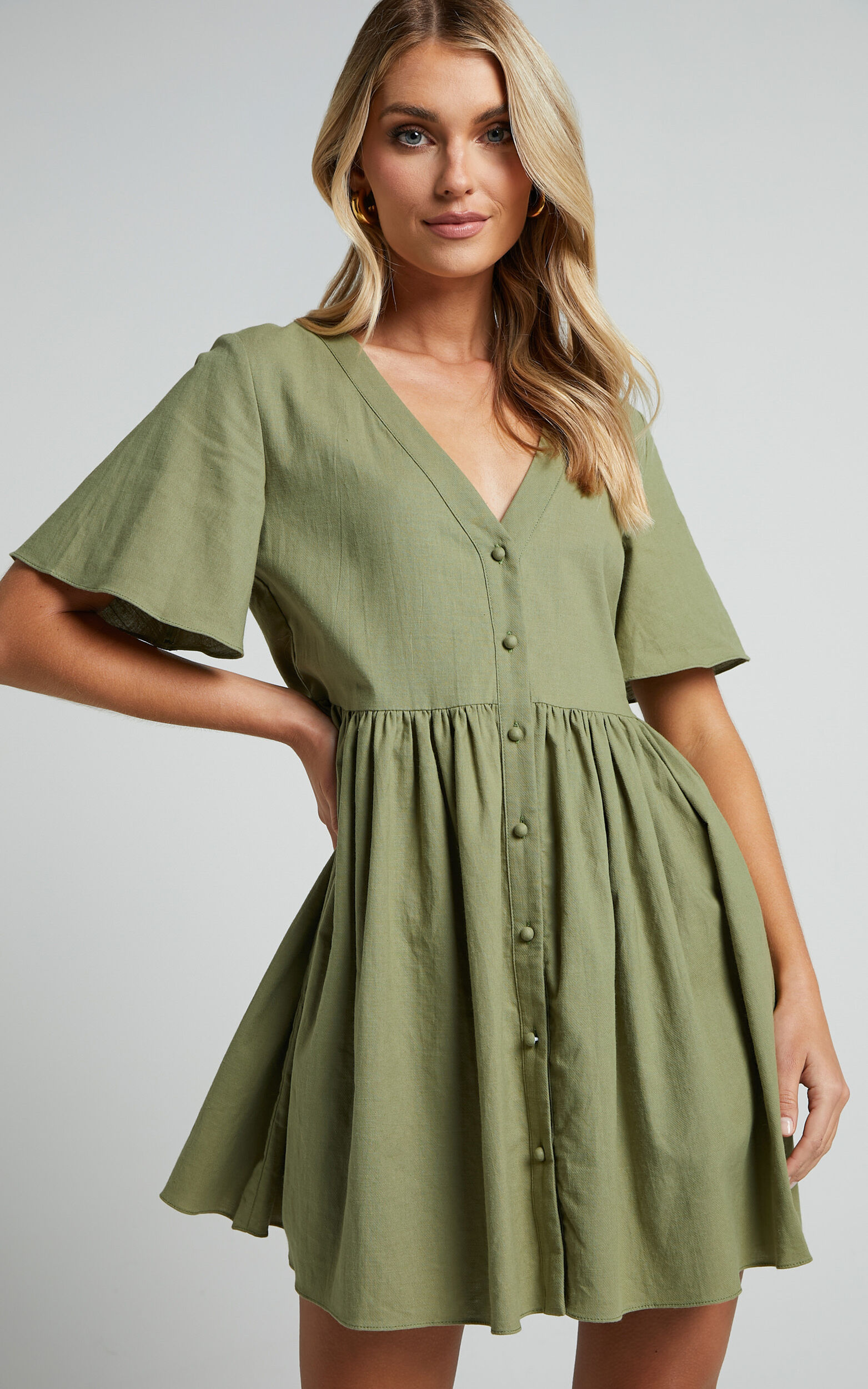 Staycation Mini Dress - Smock Button Up Dress in Khaki - 04, GRN2