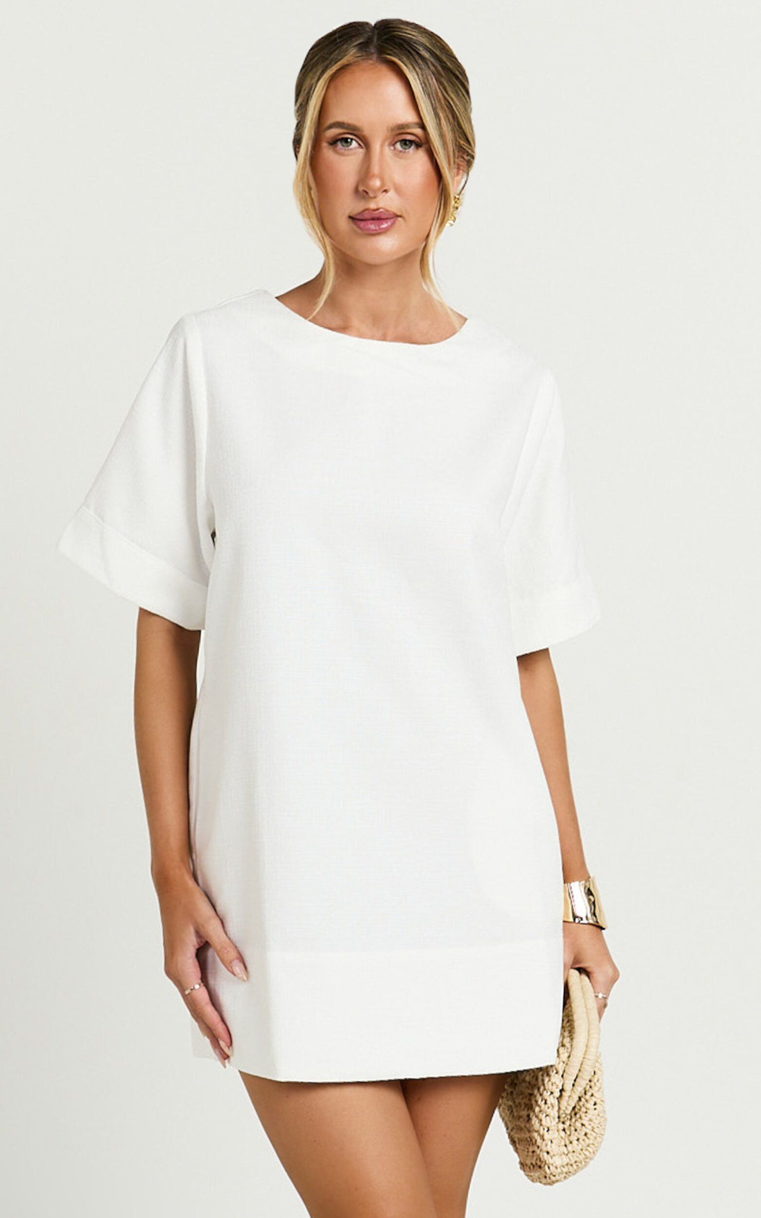 Shannon Mini Dress Texture Tie Back Shift Dress in White