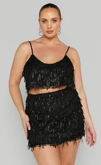 Khrizza Mini Skirt - Sequin Diamond Mesh Skirt in Black